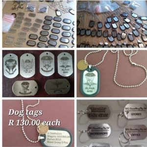 Dog Tags with logo at back R130 per tag(includes chain and rubber silencer)